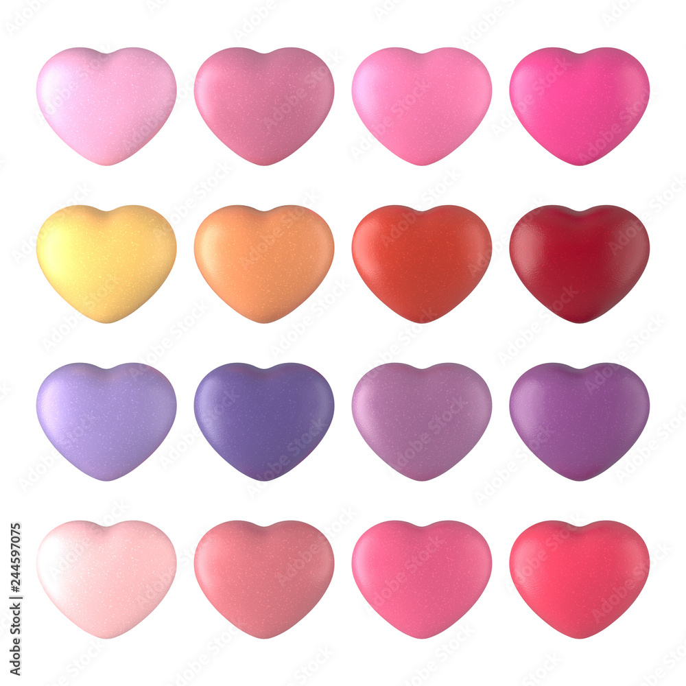 Sixteen multi colored glossy hearts isolated on white background