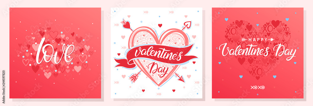 Naklejka premium Collection of creative Valentines Day cards.Hand drawn lettering with hearts.Romantic illustrations perfect for prints,flyers,posters,holiday invitations and more.Valentines illustrations.