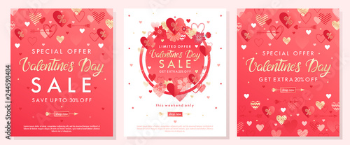 Valentines Day special offer banners with different hearts and golden foil elements.Saletemplates perfect for prints, flyers, banners, promotions, special offers and more.Vector Valentines promos.
