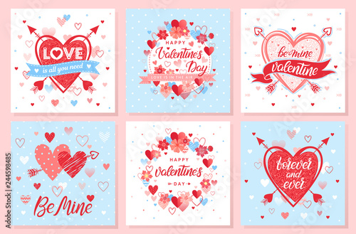 Collection of creative Valentines Day cards.Hand drawn lettering with hearts,arrows and flowers.Romantic illustrations perfect for prints,flyers,posters,holiday invitations and more.