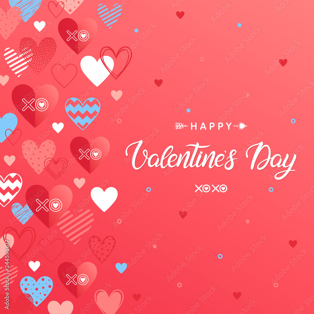 Happy Valentines Day - Hand painted lettering with different hearts.Romantic illustration perfect for greeting cards, prints, flyers,posters,holiday invitations and more.Vector Valentines Day card.