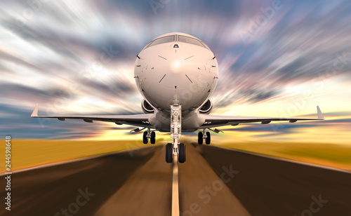 Tableau sur toile Private Jet Plane Taking off with Motion Blur during sunset