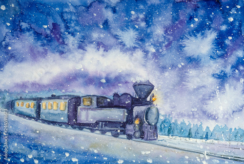 Steam locomotive rides on a winter night watercolor