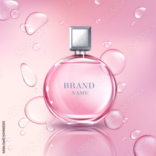Vector 3d realistic poster, banner with perfume bottle, oil drops. Shiny glass container with pink liquid for women. Cosmetics background for ad poster, promo banner. Floral essence, mock up.