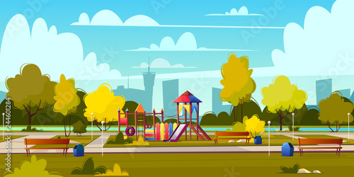 Vector background of cartoon playground in park at summer. Landscape with green trees, plants and bushes. Recreation area with trackway for people. Amusement space with swings, benches and pond.