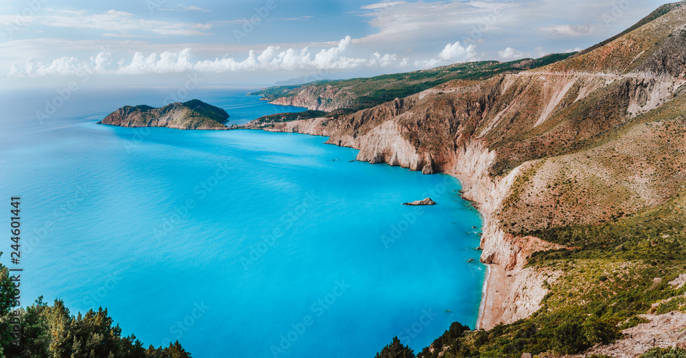 Stunning scenery of Kefalonia island during summer. Majestic peaceful nature landscape and sea shore of turquoise mediterranean sea