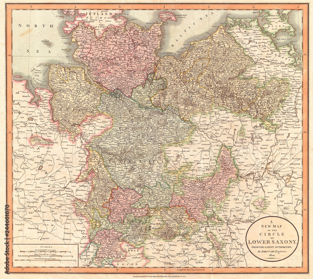 1801, Cary Map of Lower Saxony, Holstein, Lubeck, Lunenburgzell, Bremen, Berlin, John Cary, 1754 – 1835, English cartographer