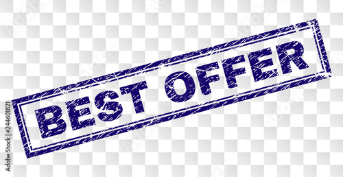BEST OFFER stamp seal imprint with rubber print style and double framed rectangle shape. Stamp is placed on a transparent background. Blue vector rubber print of BEST OFFER tag with corroded texture.