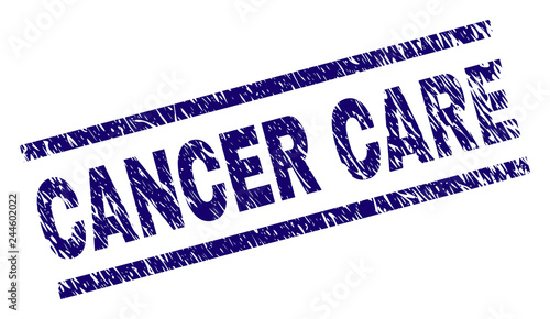 CANCER CARE seal print with scratced style. Blue vector rubber print of CANCER CARE title with dust texture. Text title is placed between parallel lines.