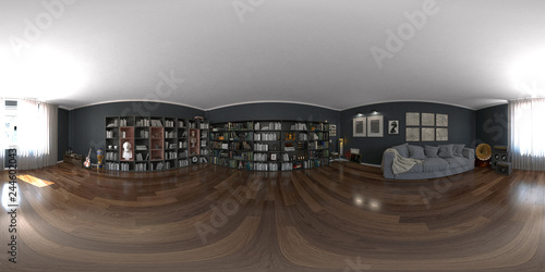 Stanza di un interno domestico, casa, salatto, studio con libreria e gatto, illustrazione 3d, rendering 3d, panoramica sferica stereoscopica a 360°, HDRI	 photo