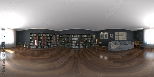 Stanza di un interno domestico, casa, salatto, studio con libreria e gatto, illustrazione 3d, rendering 3d, panoramica sferica stereoscopica a 360°, HDRI	