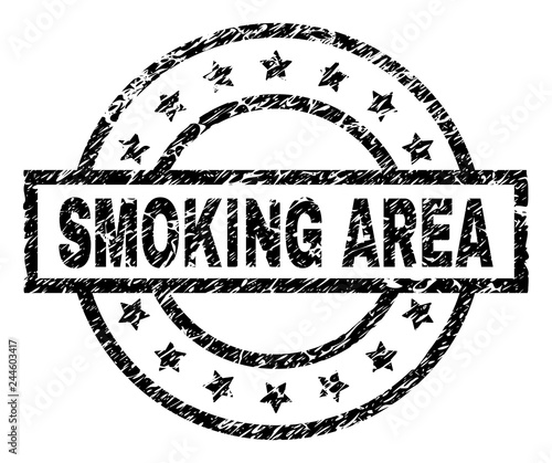 SMOKING AREA stamp seal watermark with distress style. Designed with rectangle, circles and stars. Black vector rubber print of SMOKING AREA label with grunge texture.