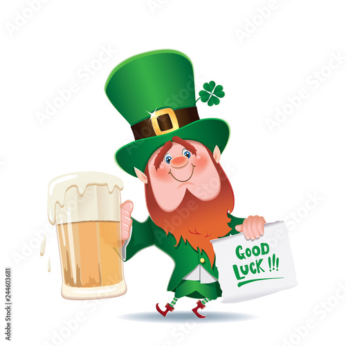 Saint Patrick's Day concept,cute Leprechaun is toasted with beer mug and showing textual parchment with a short message Good Luck