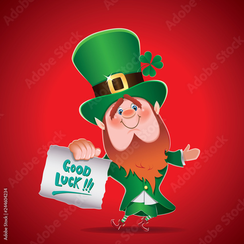 Saint Patrick's Day concept,Leprechaun with textual parchment with a short message Good Luck