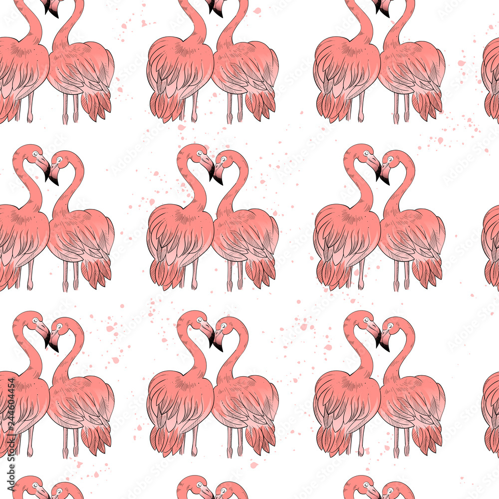 Obraz premium Seamless flamingos in love pattern, vector