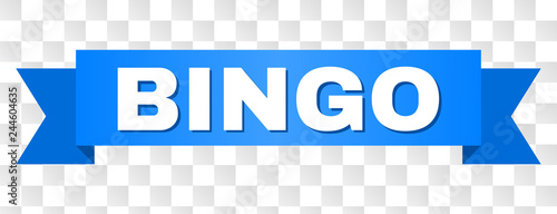 BINGO text on a ribbon. Designed with white caption and blue tape. Vector banner with BINGO tag on a transparent background.