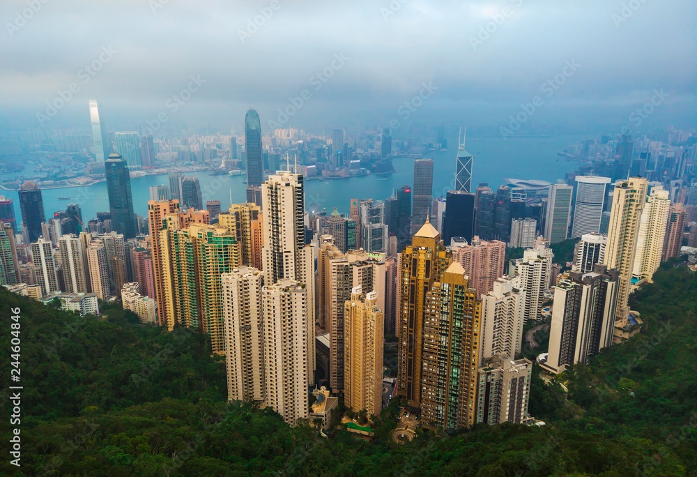 Hong Kong cityscape at evening view from The Peak Victoria.