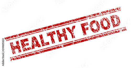 HEALTHY FOOD seal print with corroded texture. Red vector rubber print of HEALTHY FOOD tag with unclean texture. Text title is placed between double parallel lines.
