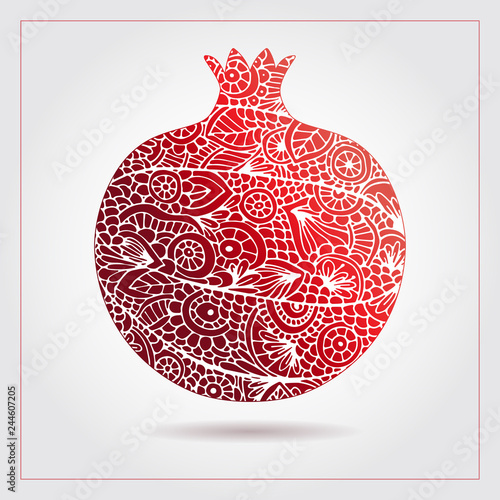 Vector creative abstract pomegranate fruit. Decorative design for Jewish holidays. Tu Bishvat, Sukkot, Rosh Hashanah. Hand drawn pattern with pomegranate ornaments and elements. Healthy food logo.