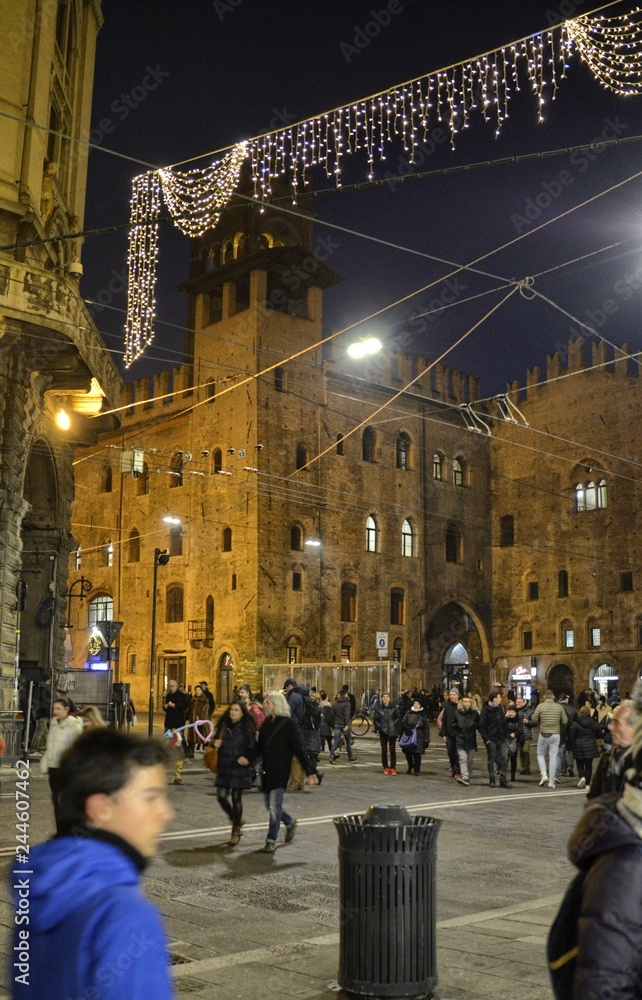 Bologna, Emilia Romagna, Italy. December 2018. Piazza Maggiore from the side of Palazzo Re Enzo