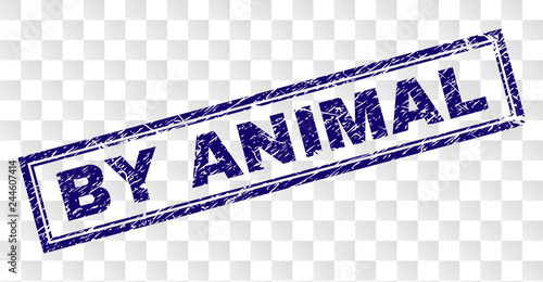 BY ANIMAL stamp seal imprint with rubber print style and double framed rectangle shape. Stamp is placed on a transparent background. Blue vector rubber print of BY ANIMAL text with grunge texture.