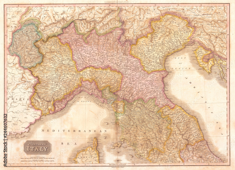 Fototapeta 1818, Pinkerton Mapa północnych Włoch, Toskania, Piemont, Mediolan, Wenecja , John Pinkerton, 1758 – 1826, szkocki antykwariusz, kartograf, Wielka Brytania