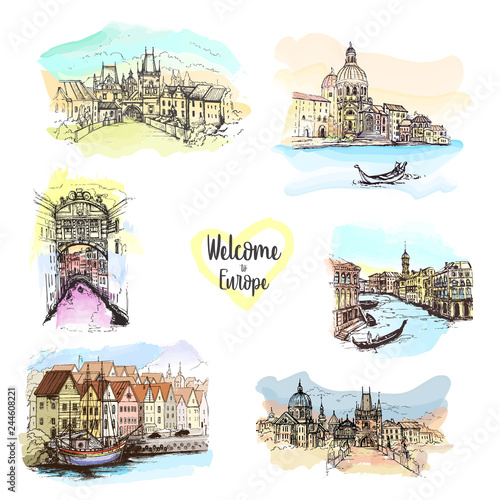 Watercolor splash with Hand drawn sketch illustration in vector.Drawing Europe travel set. Prague.Venice.Italy.Copenhagen.Tourism.