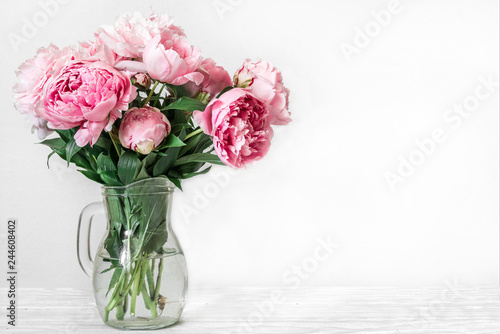 Fototapeta Naklejka Na Ścianę i Meble -  Still life with a beautiful bouquet of pink peony flowers. holiday or wedding background