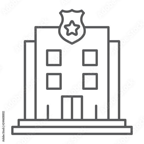 Police station thin line icon, police and building, police department sign, vector graphics, a linear pattern on a white background.