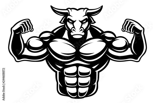 black and white illustration of a bull bodybuilder
