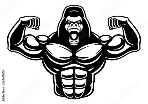 Black and white illustration of gorilla bodybuilder.