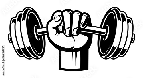 Black and white illustration of a hand with dumbbell. photo