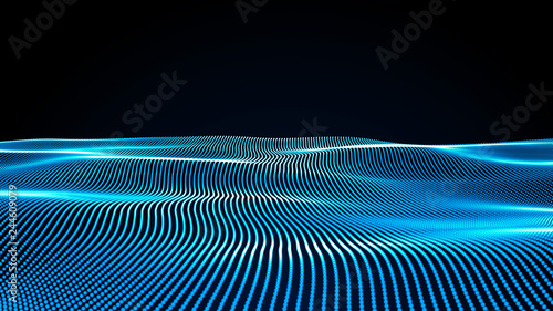 Music abstract background blue. Abstract polygonal low poly wave background with connecting dots and lines.Particle placement with hanging dots in space. Large data background .3d rendering.