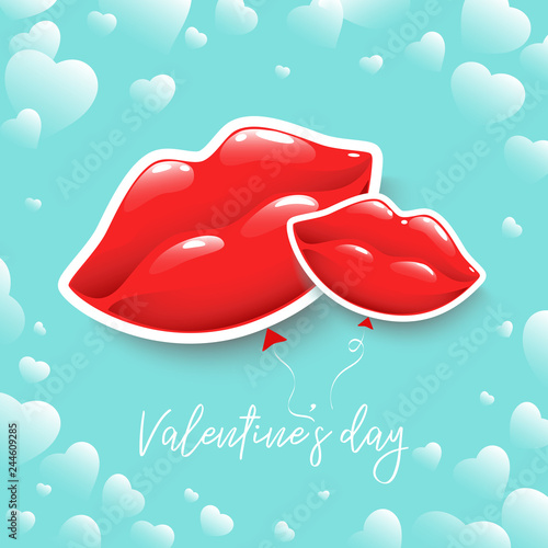 Poster for Valentine's Day or weddings with lips and hearts.  Balloons for a party. Greeting card