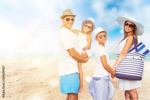 Happy family on vacations walking together