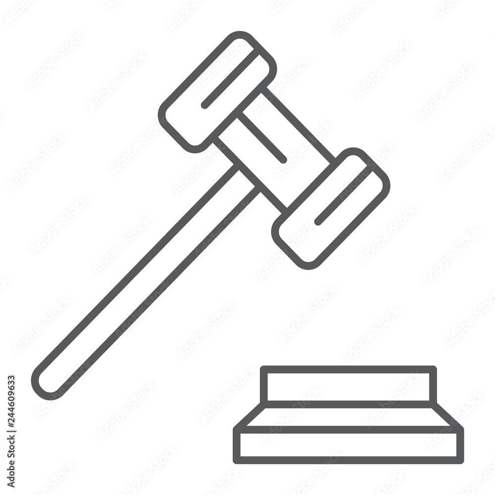 Gavel thin line icon, justice and judge, hammer sign, vector graphics, a linear pattern on a white background. Gavel thin line icon, justice and judge, hammer sign, vector graphics, a linear pattern on a white background.