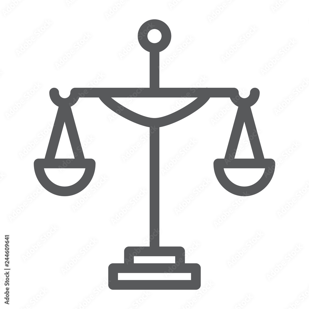 Justice line icon, court and law, scale sign, vector graphics, a linear pattern on a white background. Justice line icon, court and law, scale sign, vector graphics, a linear pattern on a white background.