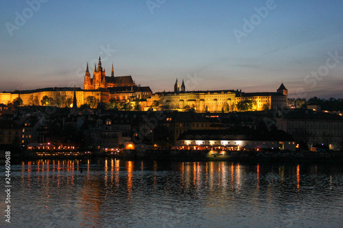 Scenic evening view on Vltava river, Prague castle and historical center of Prague,buildings and landmarks of old town, Prague, Czech Republic