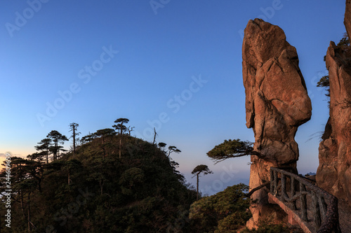 Sanqingshan, Mount Sanqing National Park - Jiangxi Province China. National Geopark and Sacred Taoist Mountain, UNESCO World Heritage. Exotic Pine Trees, Tall Yellow Granite Natural Structure, Sunrise