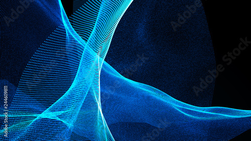 Clash of musical waves. Interweaving of atomic particles in space. Network connection structure. Large data background .3d rendering.