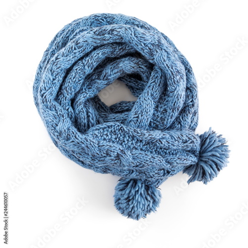 Winter background. Blue knitted scarf on white background. Flat lay, top view, copy space, square