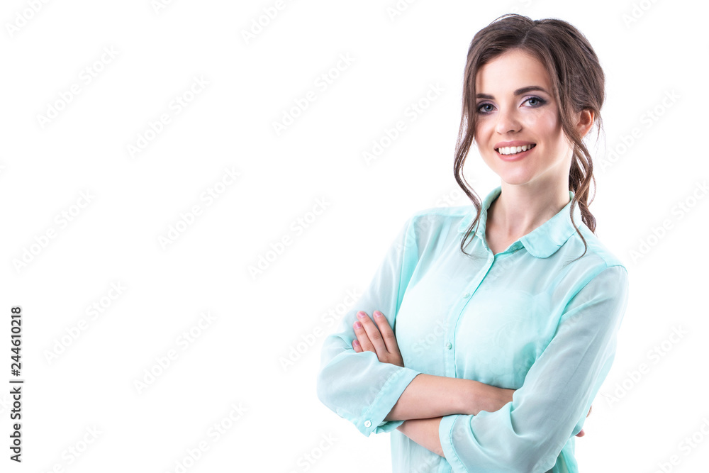 Beautiful smiling woman in a mint shirt on white background. Beautiful smiling woman in a mint shirt on white background.