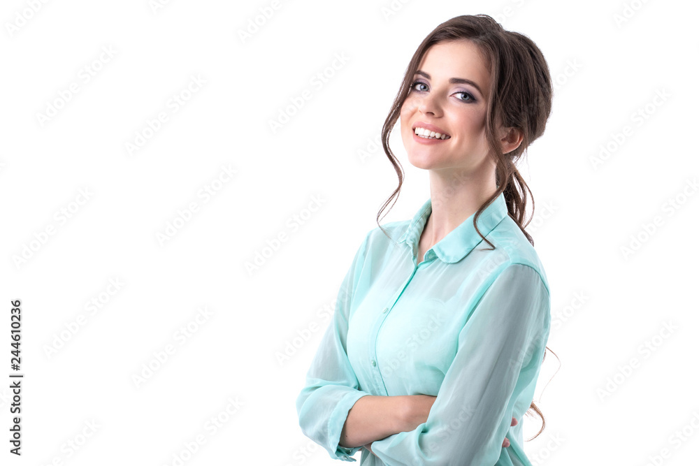 Beautiful smiling woman in a mint shirt on white background. Beautiful smiling woman in a mint shirt on white background.