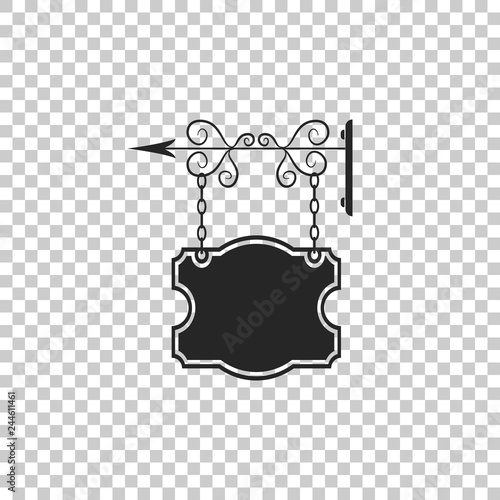 Vintage street signboard hanging on forged brackets icon isolated on transparent background. Retro graphic forged signboard. Suitable for advertisements bar, cafe, pub, restaurant. Vector Illustration