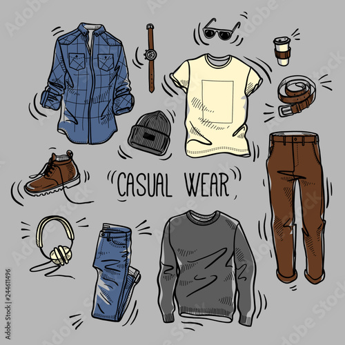 Hand drawn set of men's casual wear sketches: checked shirt, jumper, chino pants, jeans, t-shirt, beanie hat, boots, watches, headphones, belt and coffee in a paper cup. Colored vector illustration
