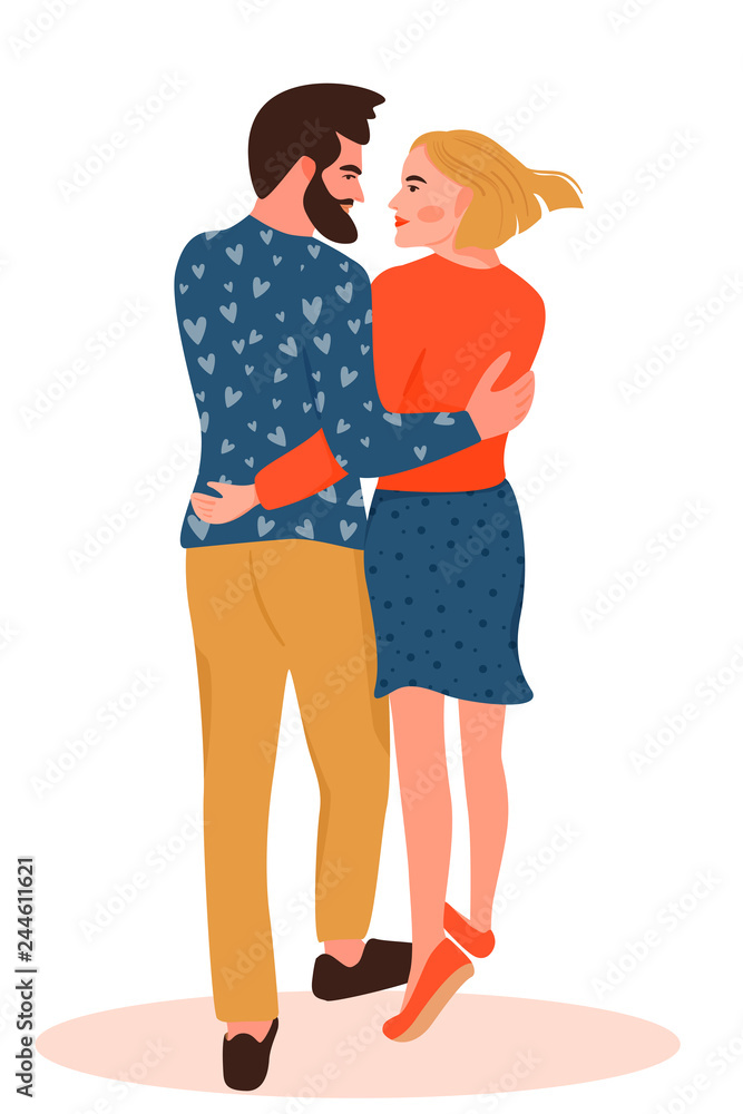 Valentine's day card with happy couple. Man hugging his lady.  Vector illustration on white background.
