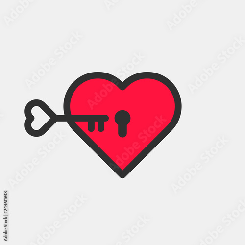 Red heart with with key and keyhole. Vector icon for your design.