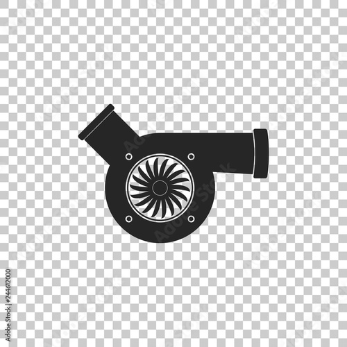 Automotive turbocharger icon isolated on transparent background. Vehicle performance turbo icon. Car turbocharger sign. Turbo compressor induction symbol. Flat design. Vector Illustration