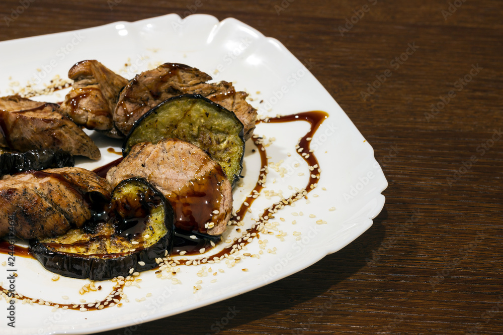 steak with roasted eggplant under soy sauce with sesame steak with roasted eggplant under soy sauce with sesame