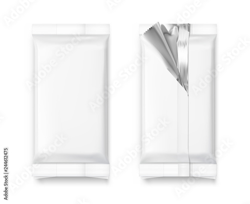 Realistic flow packages mockup. Vector illustration isolated on white background. Front and rear view. It can be used in the adv, promo, package, etc. EPS10.	